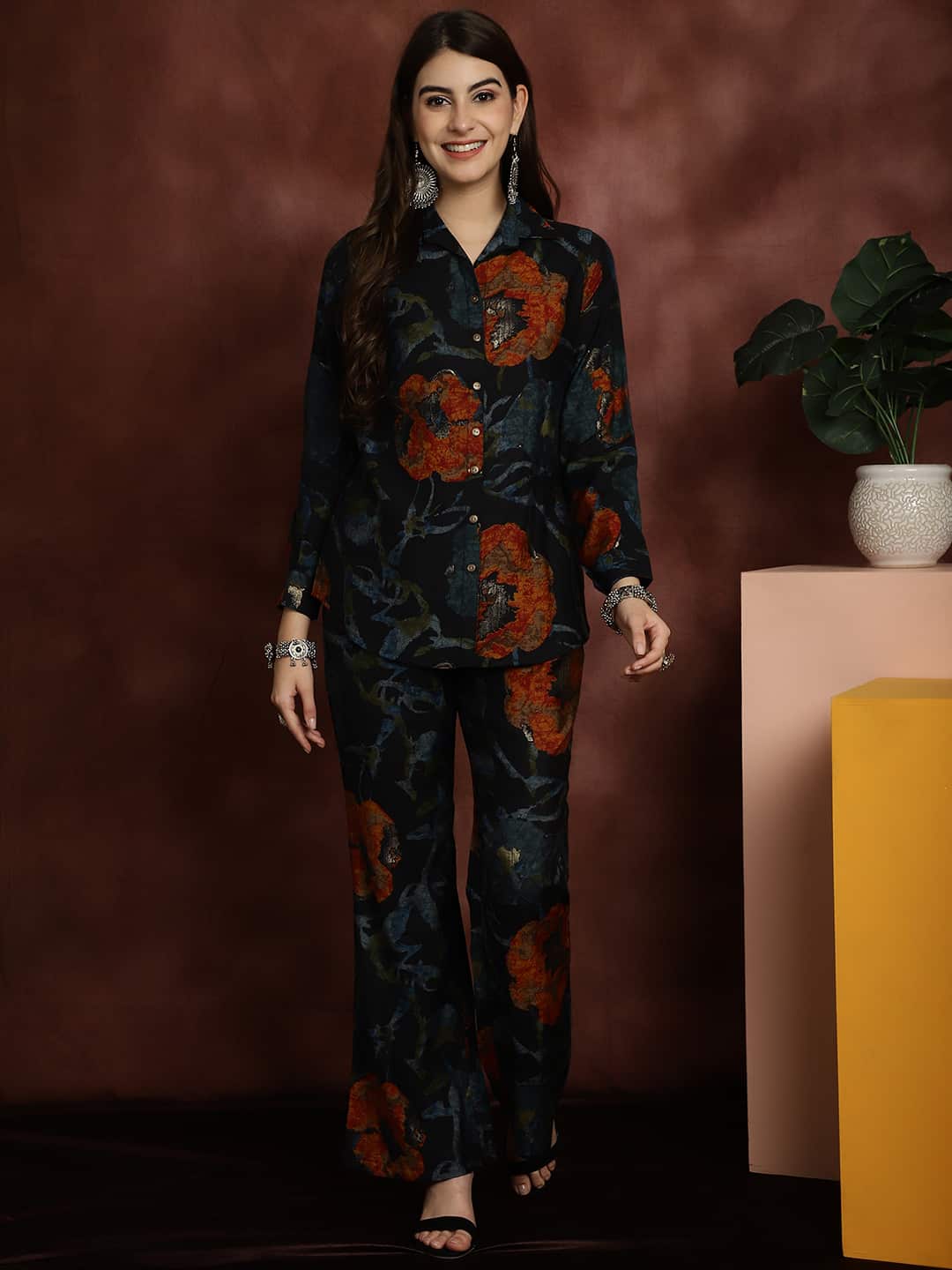 Navy Blue Motif Printed Chanderi Silk Shirt With Trousers Co-ord Set Claura Designs Pvt. Ltd. Cord set Abstract, Chanderi Silk, Co-ord, Co-ord Set, Ethnic, Floral, Navy Blue, Printed