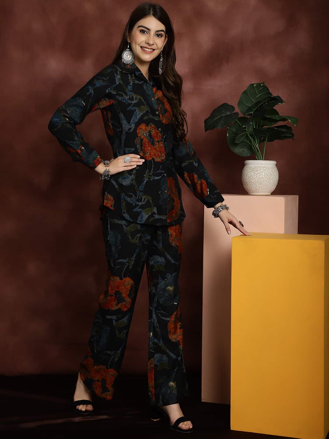 Navy Blue Motif Printed Chanderi Silk Shirt With Trousers Co-ord Set Claura Designs Pvt. Ltd. Cord set Abstract, Chanderi Silk, Co-ord, Co-ord Set, Ethnic, Floral, Navy Blue, Printed
