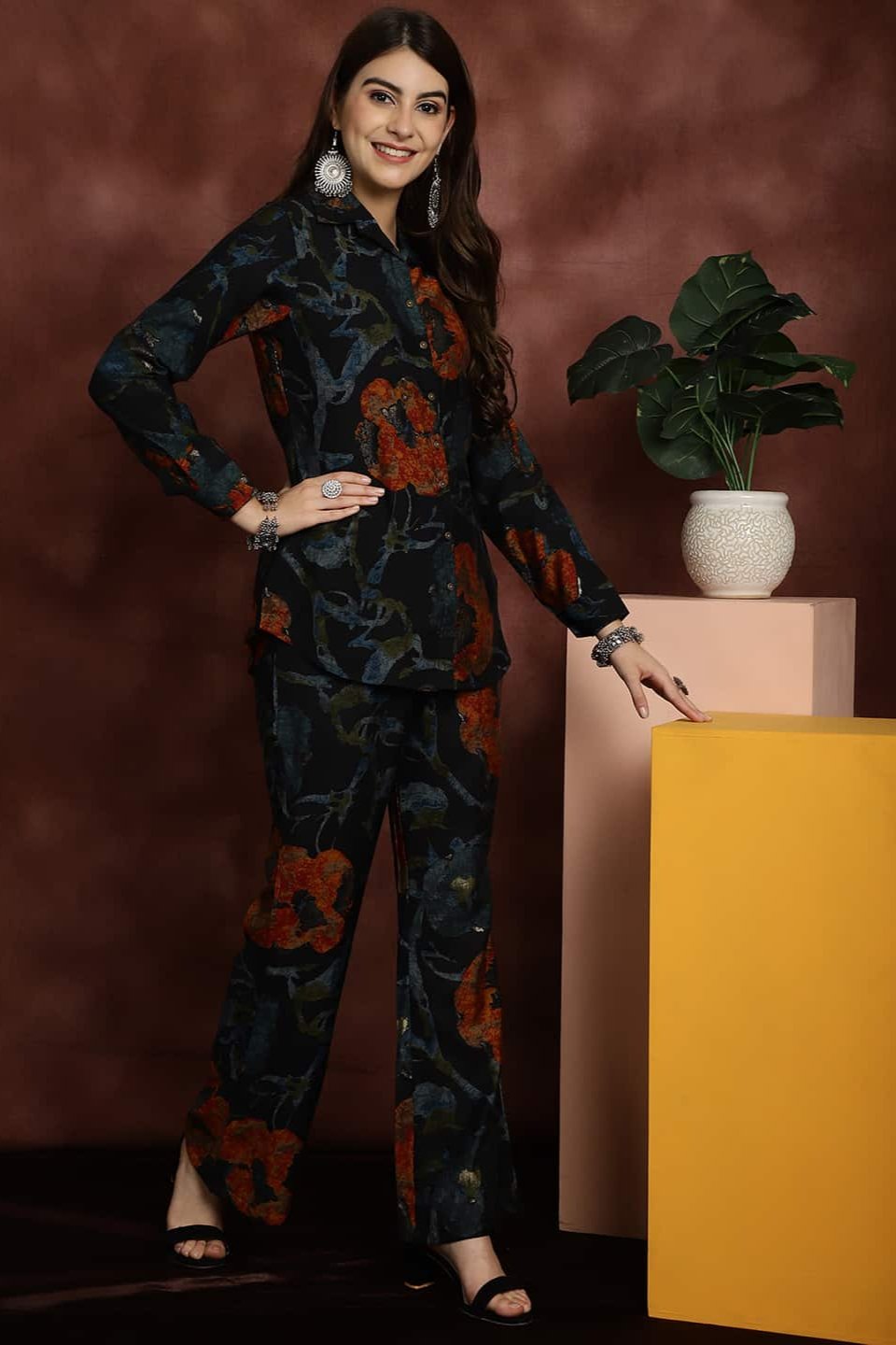 Navy Blue Printed Shirt with Trousers Co-Ord Set for Women | Claura

