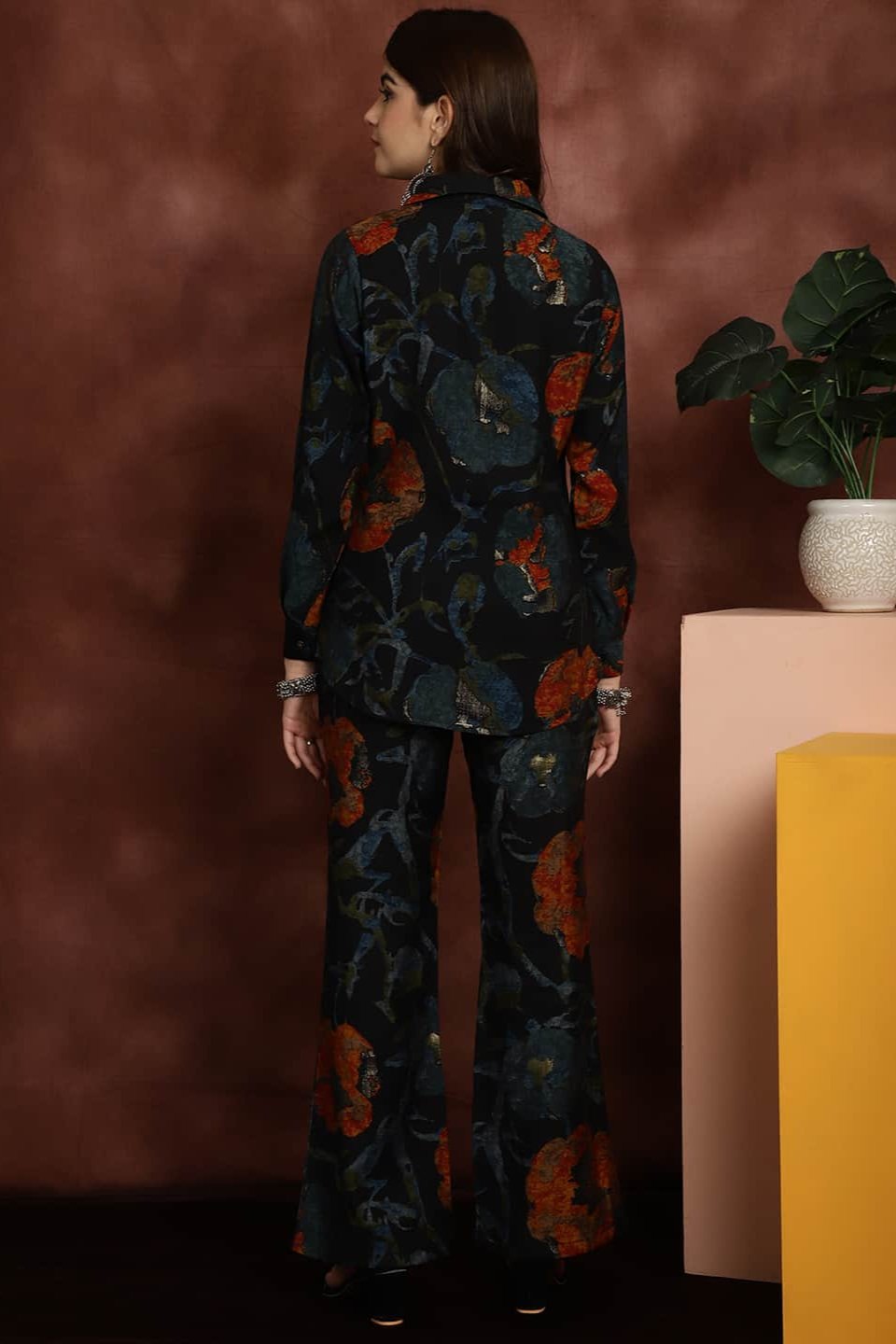 Navy Blue Printed Shirt with Trousers Co-Ord Set for Women | Claura


