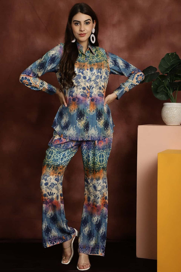 Blue Abstract Printed Viscose Rayon Co-Ord Set for Women