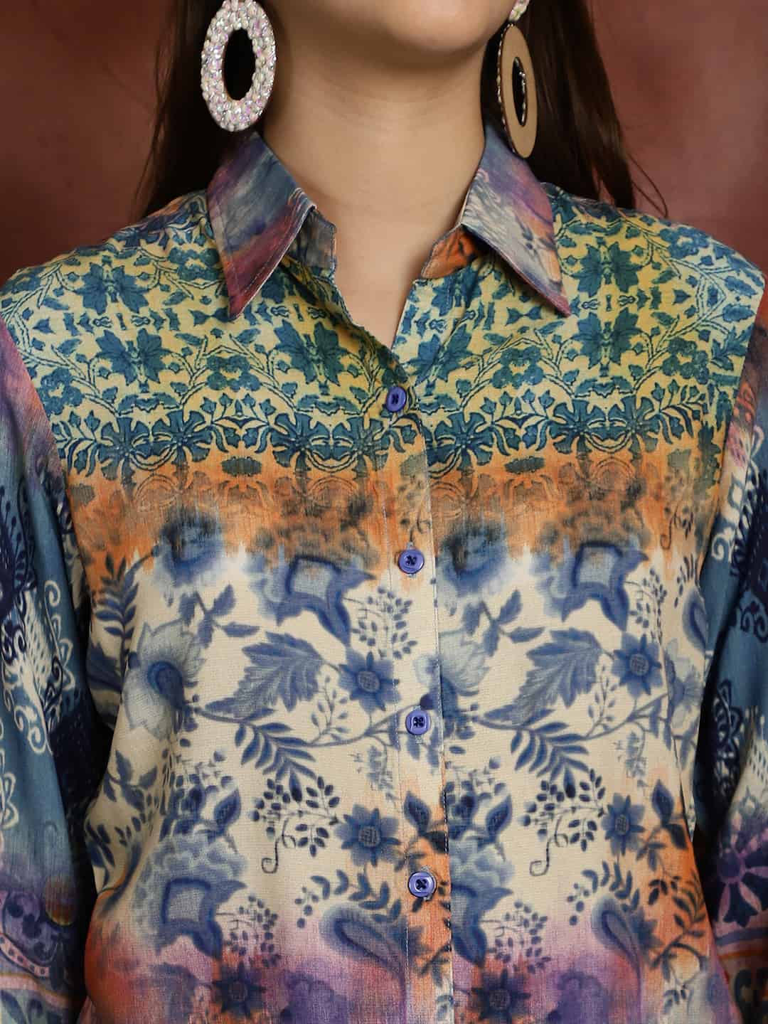Blue Abstract Printed Chanderi Silk Shirt With Trousers Co-ord Set Claura Designs Pvt. Ltd. Cord set Chanderi Silk, Co-ord Set, Ethnic, Floral, Full Sleeves, Rayon