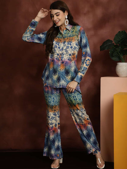 Blue Abstract Printed Chanderi Silk Shirt With Trousers Co-ord Set Claura Designs Pvt. Ltd. Cord set Chanderi Silk, Co-ord Set, Ethnic, Floral, Full Sleeves, Rayon