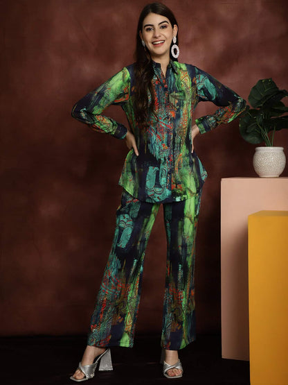 Green Abstract Printed Viscose Rayon Shirt With Trousers Co-ord Set Claura Designs Pvt. Ltd. Cord set Abstract, Co-ord, Co-ord Set, Ethnic, Floral, Green, Rayon, Western