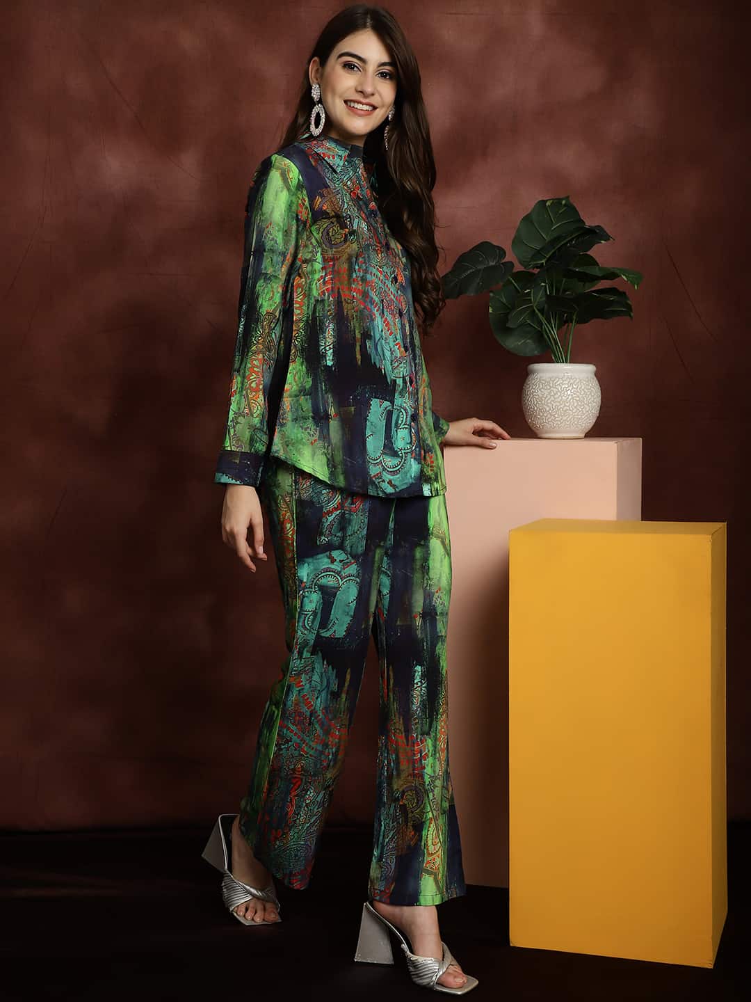 Green Abstract Printed Viscose Rayon Shirt With Trousers Co-ord Set Claura Designs Pvt. Ltd. Cord set Abstract, Co-ord, Co-ord Set, Ethnic, Floral, Green, Rayon, Western
