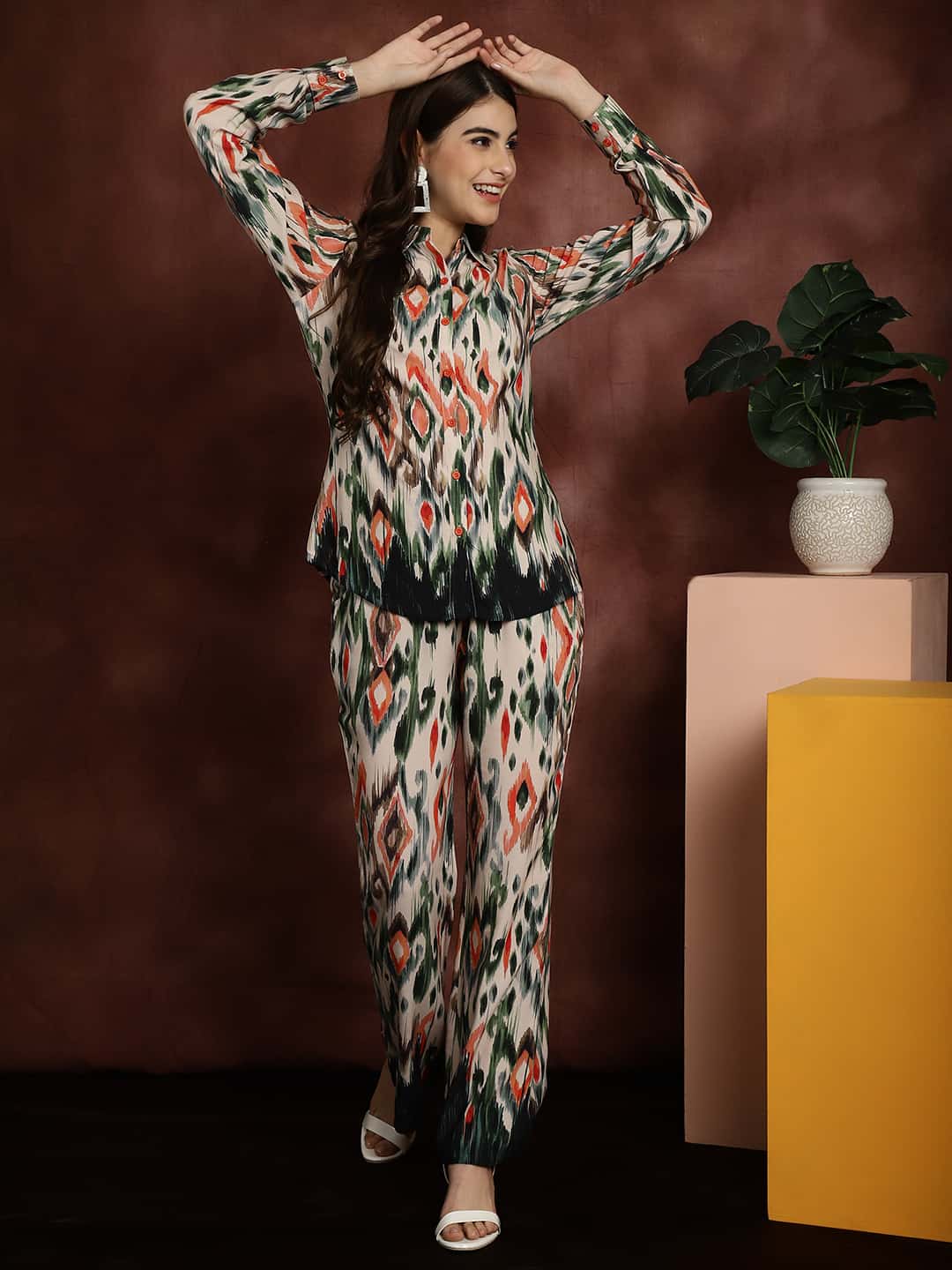 Multi Abstract Printed Chanderi Silk Shirt With Trousers Co-ord Set Claura Designs Pvt. Ltd. Cord set Abstract, Co-ord, Co-ord Set, Ethnic, Floral, multi color, Rayon