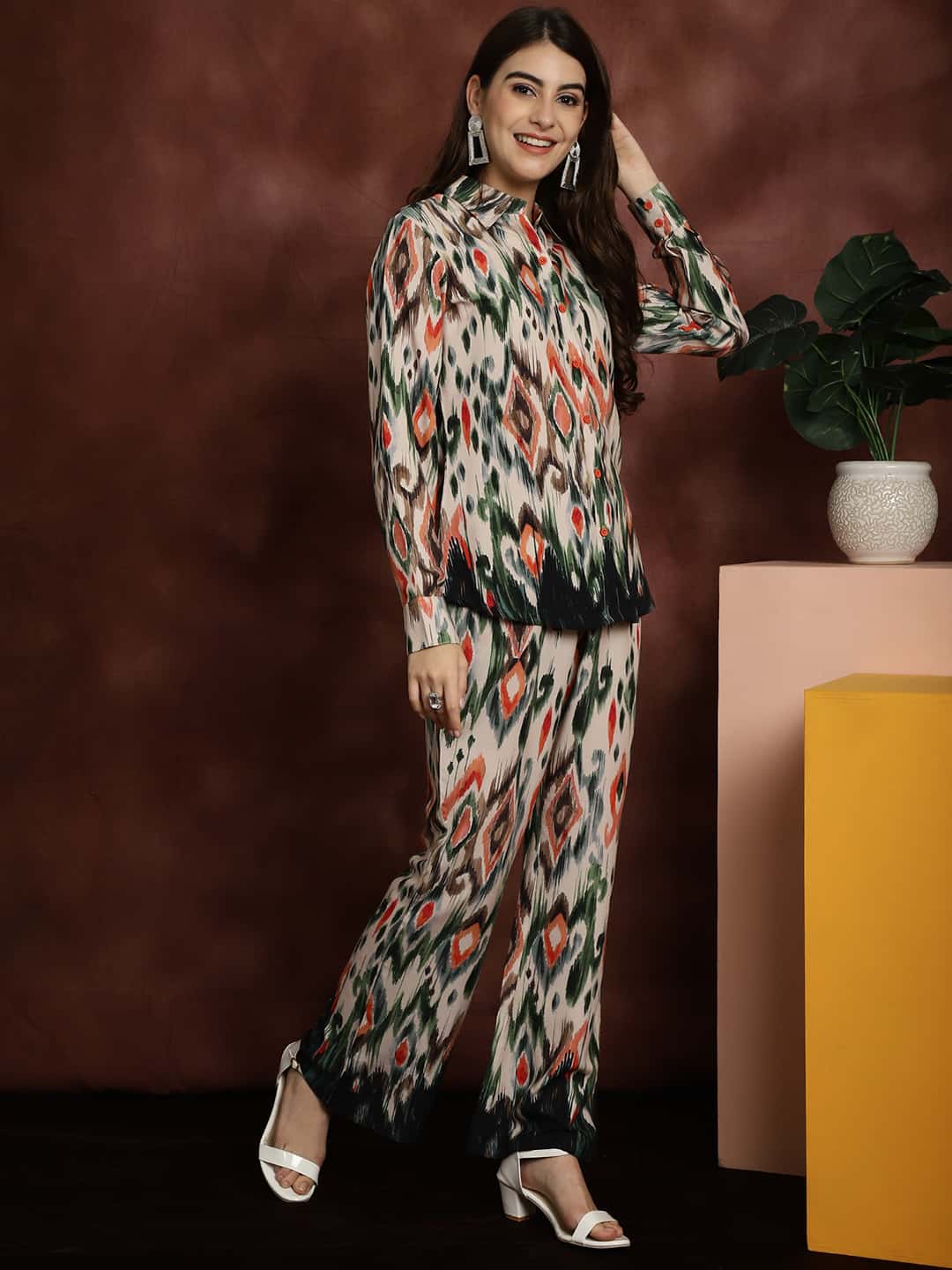 Multi Abstract Printed Chanderi Silk Shirt With Trousers Co-ord Set Claura Designs Pvt. Ltd. Cord set Abstract, Co-ord, Co-ord Set, Ethnic, Floral, multi color, Rayon
