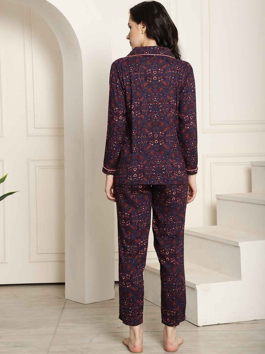 Blue Color Floral Printed Cotton Nightsuit For Night Suit Claura Designs Pvt. Ltd. Nightsuit blue, Floral, Full Sleeves, long sleeves, Nightsuit, Printed, Rayon, Sleepwear