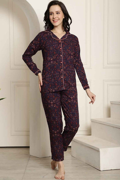 Blue Color Floral Printed Cotton Nightsuit For Night Suit Claura Designs Pvt. Ltd. Nightsuit blue, Floral, Full Sleeves, long sleeves, Nightsuit, Printed, Rayon, Sleepwear