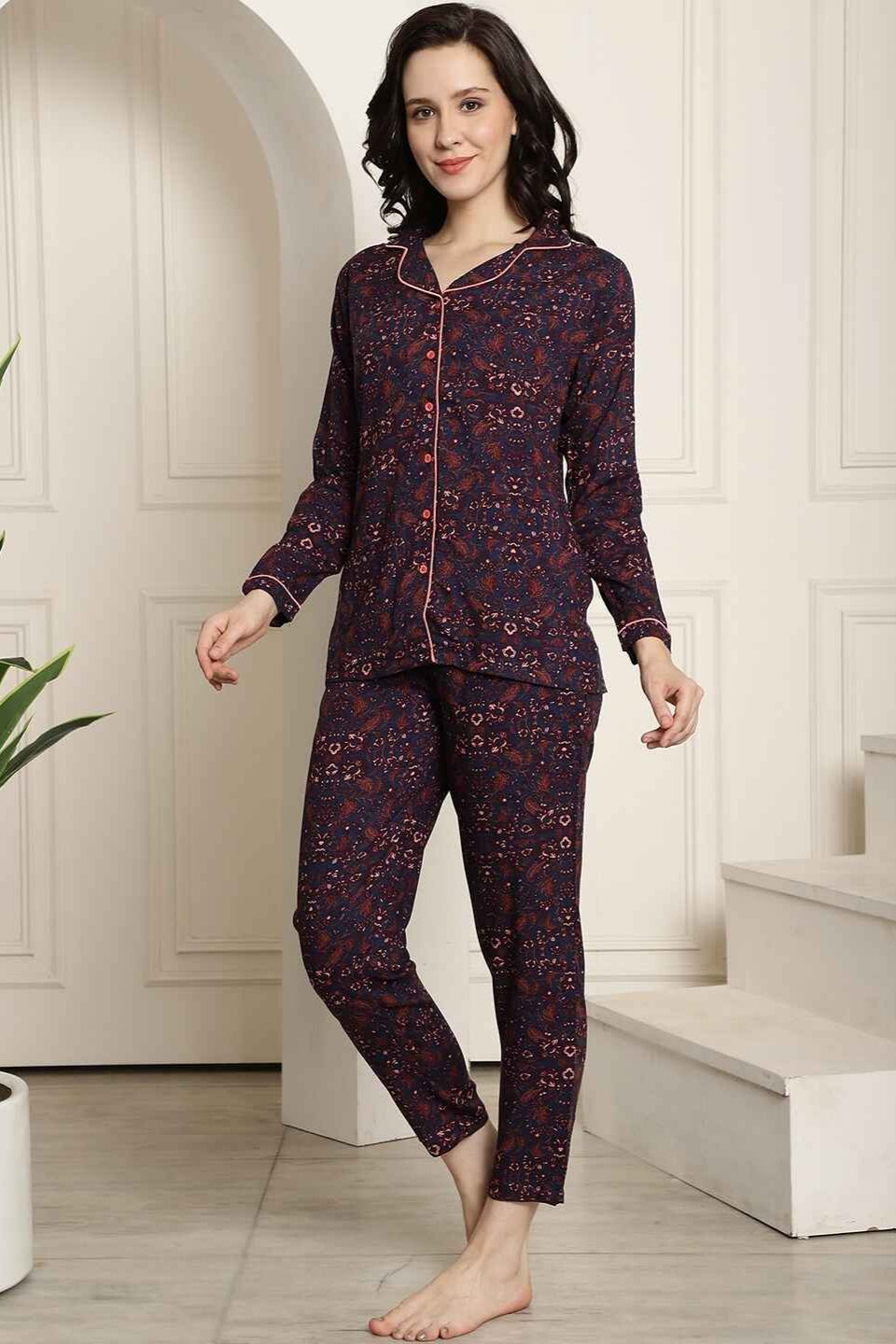 Blue Color Floral Printed Cotton Nightsuit For Night Suit