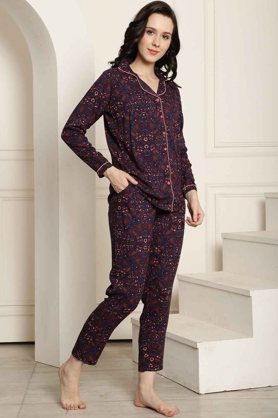 Blue Color Floral Printed Cotton Nightsuit For Night Suit Claura Designs Pvt. Ltd. Nightsuit blue, Floral, Full Sleeves, long sleeves, Nightsuit, Printed, Rayon, Sleepwear