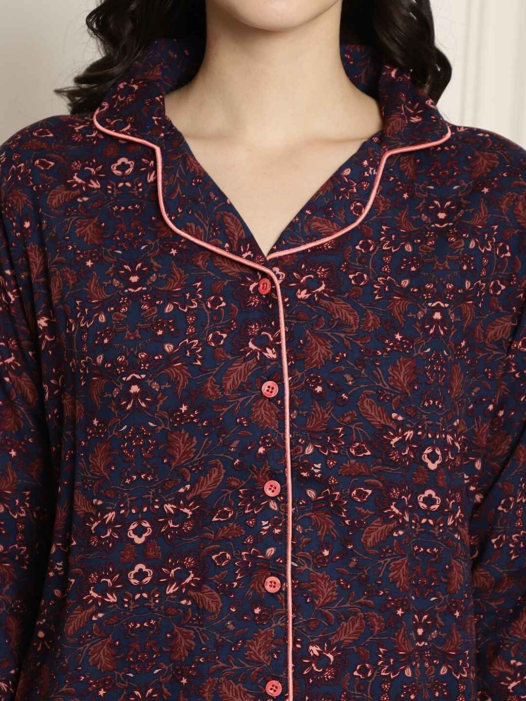 Blue Color Floral Printed Cotton Nightsuit For Night Suit Claura Designs Pvt. Ltd. Nightsuit blue, Floral, Full Sleeves, long sleeves, Nightsuit, Printed, Rayon, Sleepwear