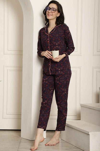 Blue Color Floral Printed Cotton Nightsuit For Night Suit Claura Designs Pvt. Ltd. Nightsuit blue, Floral, Full Sleeves, long sleeves, Nightsuit, Printed, Rayon, Sleepwear