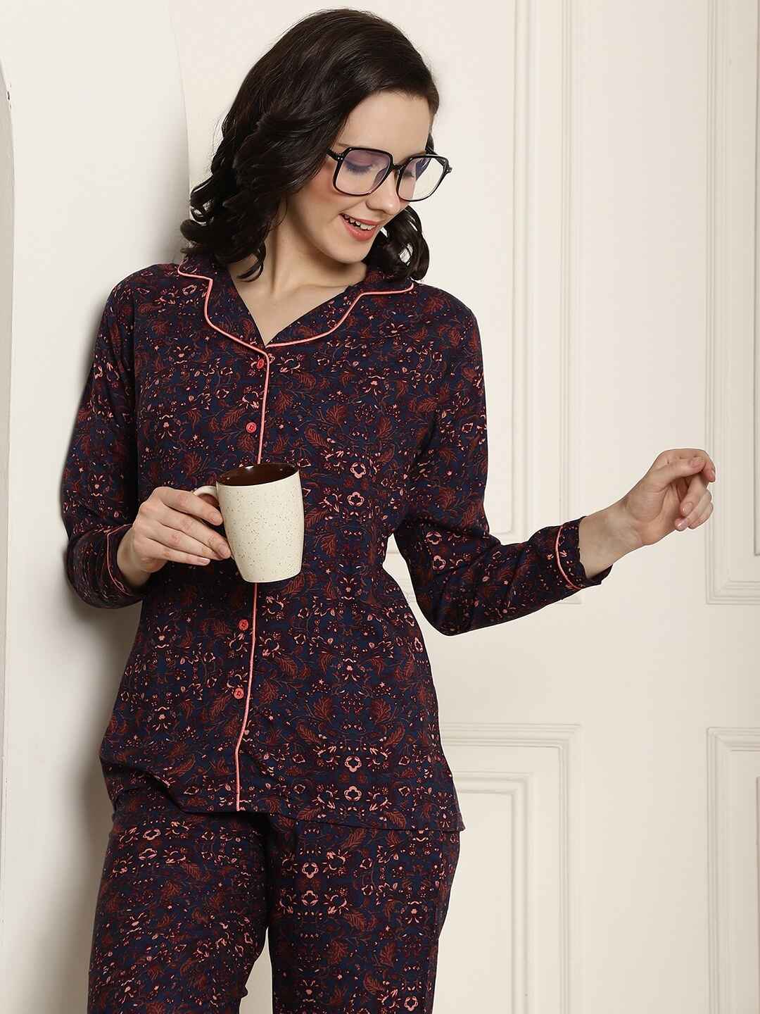 Blue Color Floral Printed Cotton Nightsuit For Night Suit Claura Designs Pvt. Ltd. Nightsuit blue, Floral, Full Sleeves, long sleeves, Nightsuit, Printed, Rayon, Sleepwear