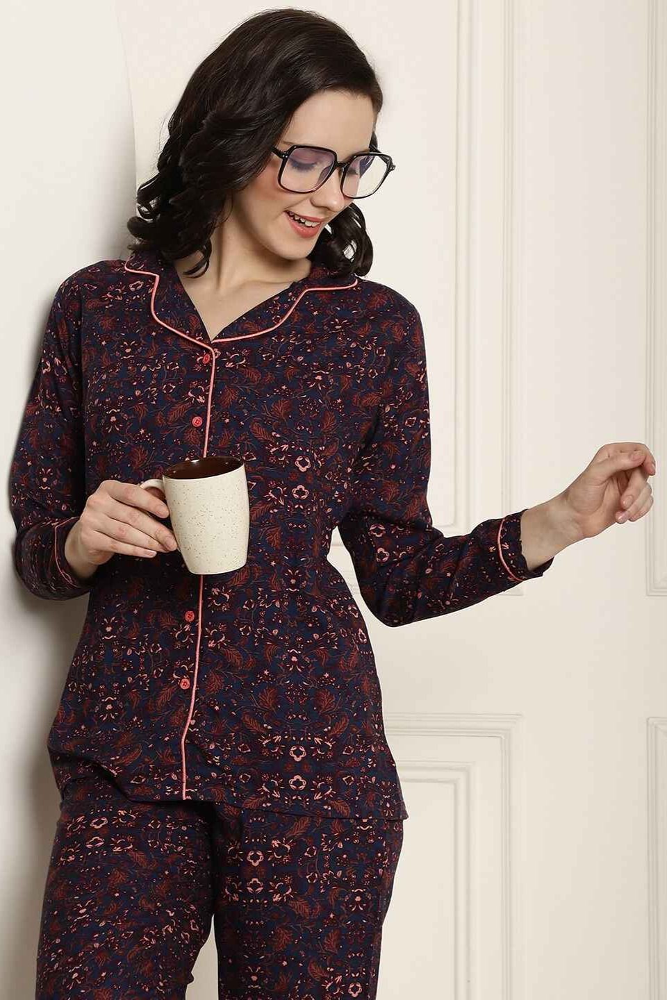 Blue Color Floral Printed Cotton Nightsuit For Night Suit Claura Designs Pvt. Ltd. Nightsuit blue, Floral, Full Sleeves, long sleeves, Nightsuit, Printed, Rayon, Sleepwear