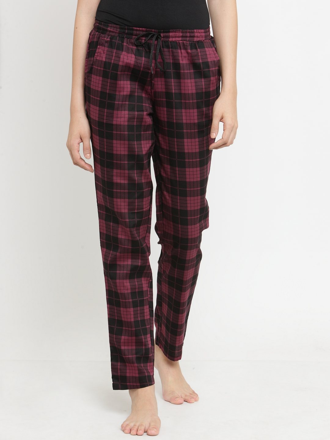 Maroon Abstract Checked Printed Viscose Rayon Pyjamas Claura Designs Pvt. Ltd. Lounge Pants Flarred, Lounge Pant, Loungepant_size, Lower, Maroon, pajama, Pants, Plazzo, Rayon, Women