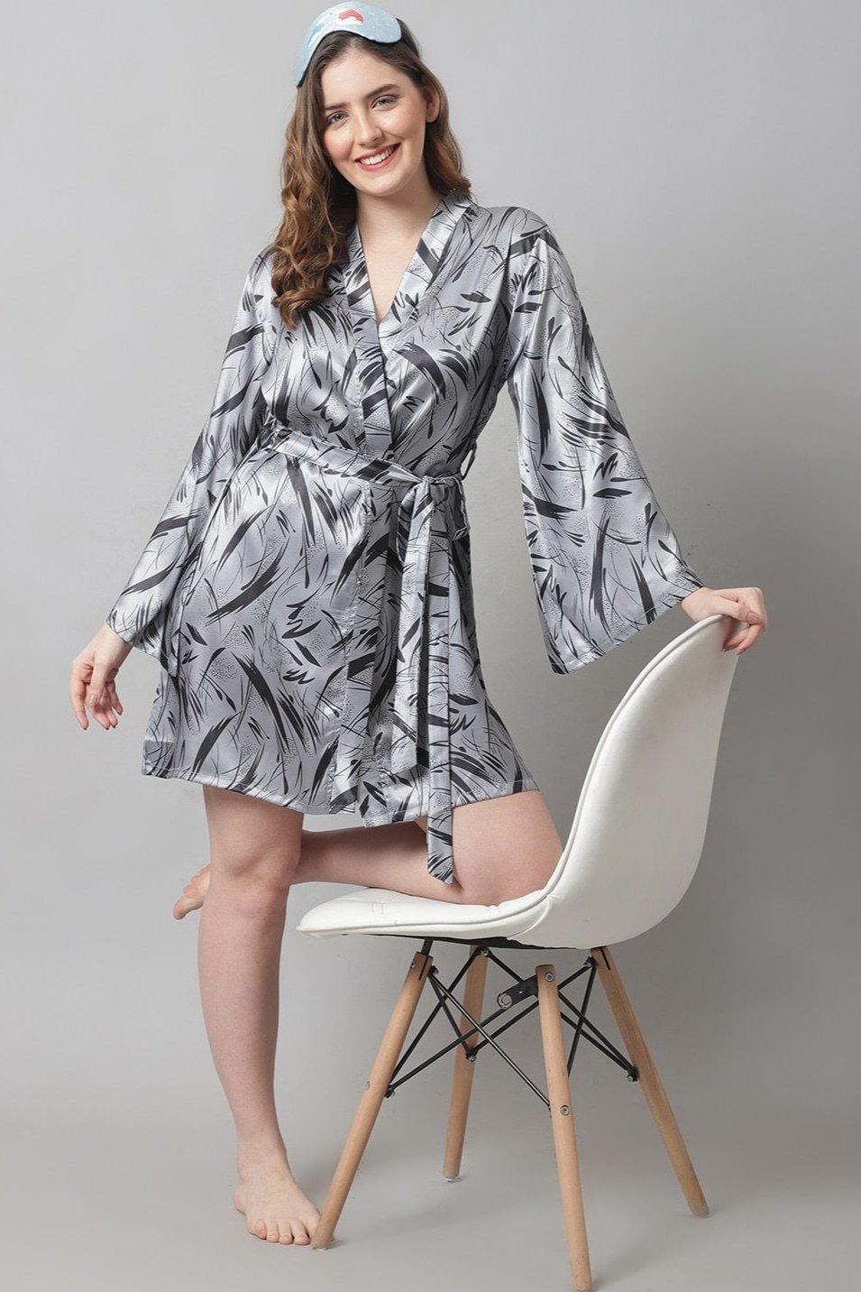 Grey Abstract Printed Satin Robe – Claura Designs Pvt. Ltd.
