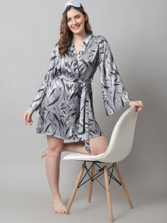 Grey Abstract Printed Satin Robe Claura Designs Pvt. Ltd. Nighty Grey, Kaftan_allsizes, Nightdress, Robe, Satin, Silk, Sleepwear, Women