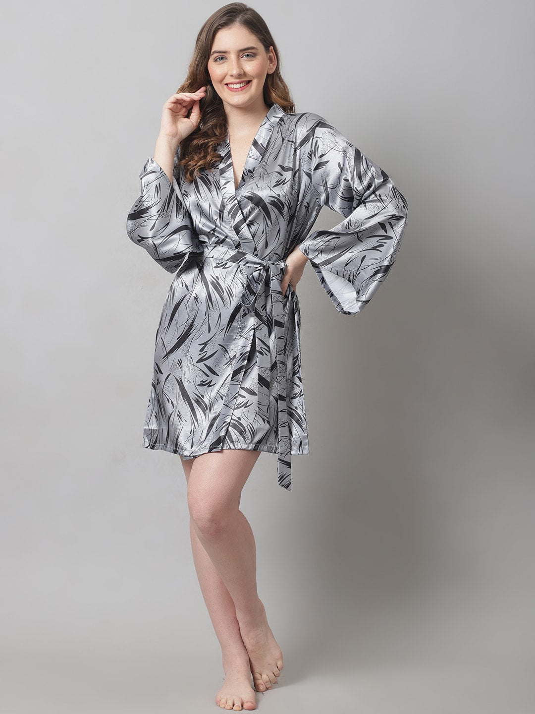 Grey Abstract Printed Satin Robe Claura Designs Pvt. Ltd. Nighty Grey, Kaftan_allsizes, Nightdress, Robe, Satin, Silk, Sleepwear, Women