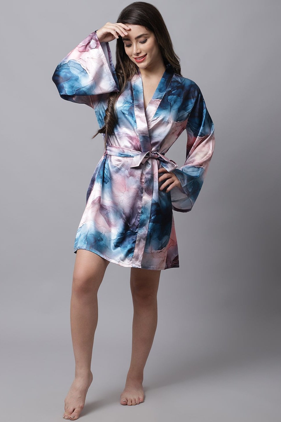 Multi color Abstract  Printed Satin Robe Claura Designs Pvt. Ltd. Robe Abstract Printed, Kaftan_allsizes, Long Sleeves, multi color, Nightwear, Robe, Satin, Sleepwear