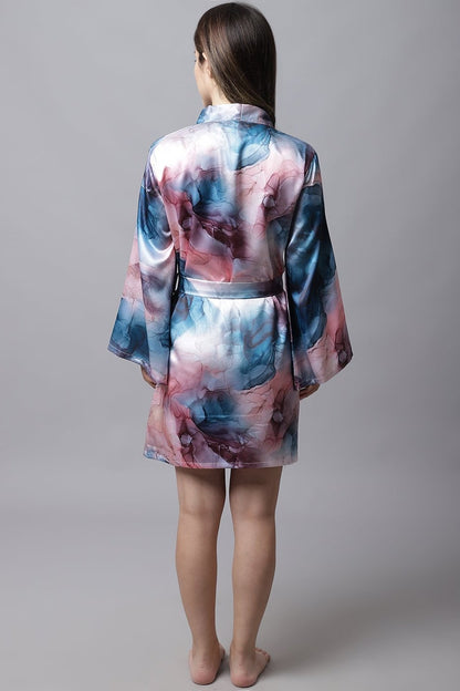 Multi color Abstract  Printed Satin Robe Claura Designs Pvt. Ltd. Robe Abstract Printed, Kaftan_allsizes, Long Sleeves, multi color, Nightwear, Robe, Satin, Sleepwear