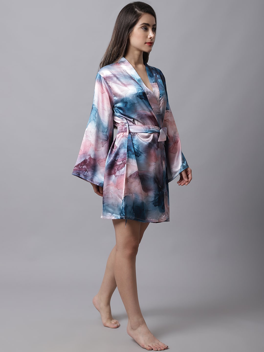 Multi color Abstract  Printed Satin Robe Claura Designs Pvt. Ltd. Robe Abstract Printed, Kaftan_allsizes, Long Sleeves, multi color, Nightwear, Robe, Satin, Sleepwear