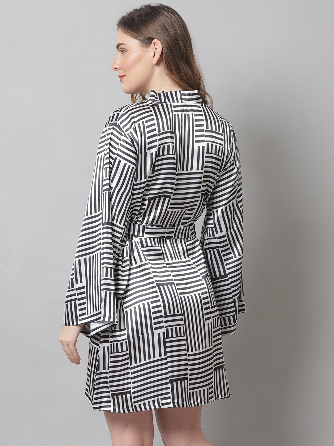 Black & White Striped Printed Silk Satin Robe For Women Claura Designs Pvt. Ltd.  Black, Nightdress, Robe, Satin, Silk, Sleepwear, Striped Printed, White, Women