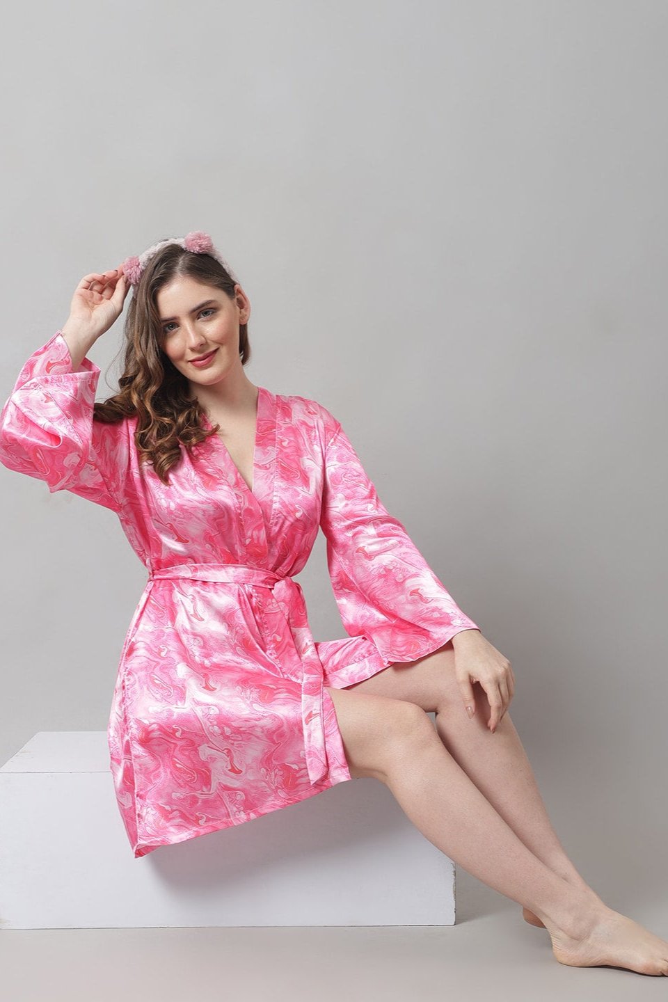 Pink Color Abstract Printed Silk satin Nighty Robe