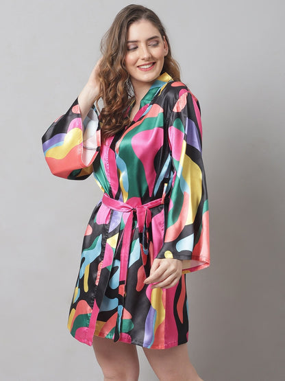 Multi Abstract Printed Satin Robe Claura Designs Pvt. Ltd. Robe Kaftan_allsizes, multi color, Nightdress, Robe, Satin, Silk, Sleepwear, Women