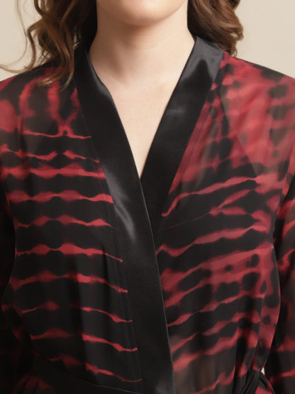 Black & Maroon Tie and Dye Printed Georgette Lounge Robe Claura Designs Pvt. Ltd. Robe Georgette, Kaftan_allsizes, Robe, Sleepwear, tie and dye, Women
