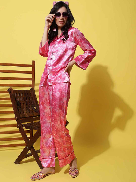 Pink Color Abstract Printed Satin Night suit Claura Designs Pvt. Ltd. Nightsuit Abstract Printed, Long Sleeves, Nightsuit, Pink, Printed, Satin, Sleepwear