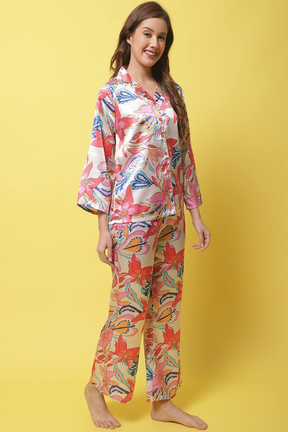 Multi Color Floral Printed Silk Satin Nightsuit For Women Claura Designs Pvt. Ltd. Nightsuit Floral, multi color, Nightsuit, Rayon, Sleepwear