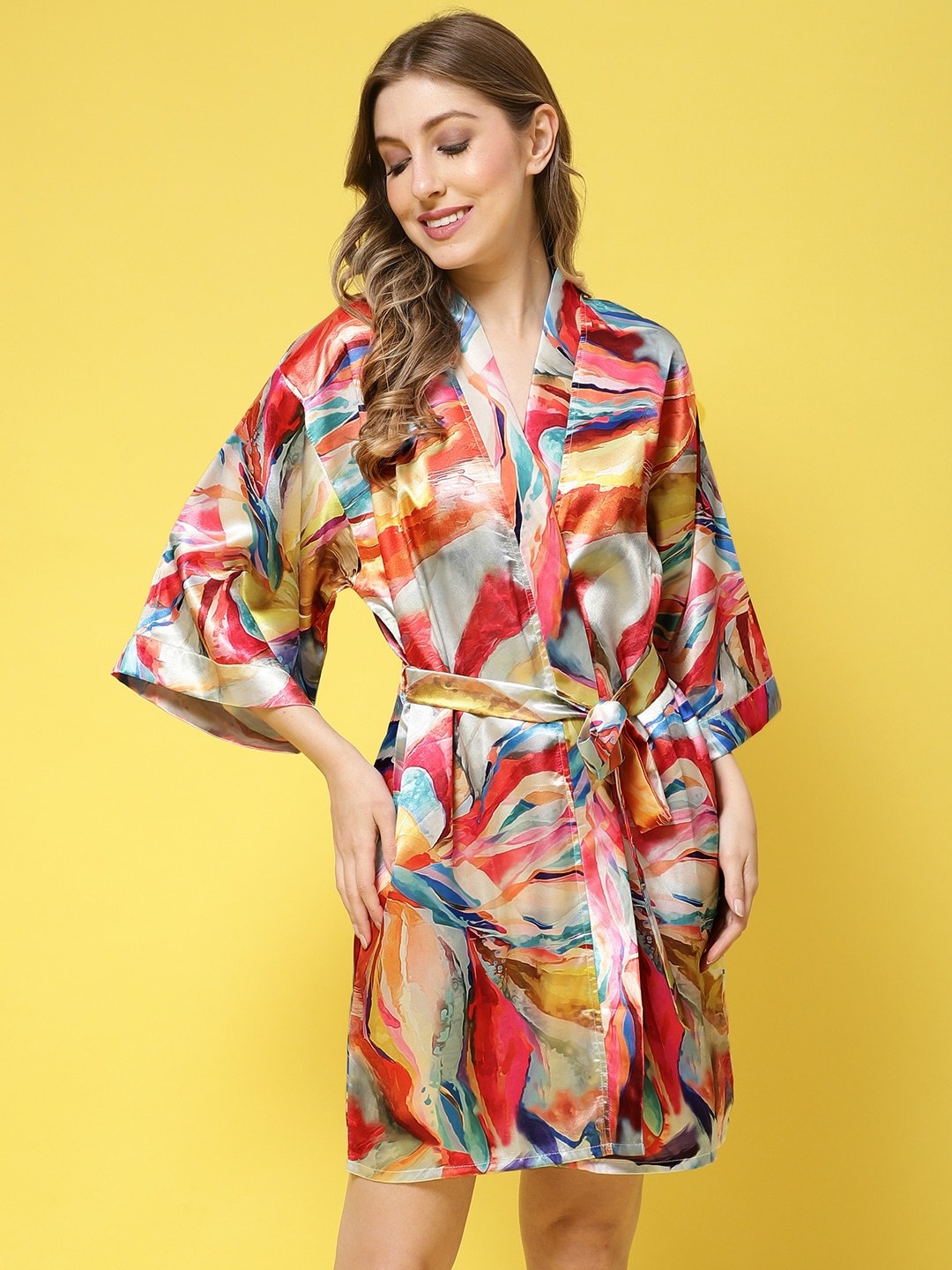 Multi Abstract Printed Silk Satin Robe Claura Designs Pvt. Ltd. Robe Kaftan_allsizes, multi color, Nightdress, Robe, Satin, Silk, Sleepwear, Women