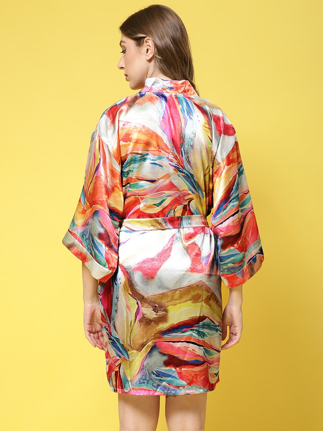 Multi Abstract Printed Silk Satin Robe Claura Designs Pvt. Ltd. Robe Kaftan_allsizes, multi color, Nightdress, Robe, Satin, Silk, Sleepwear, Women
