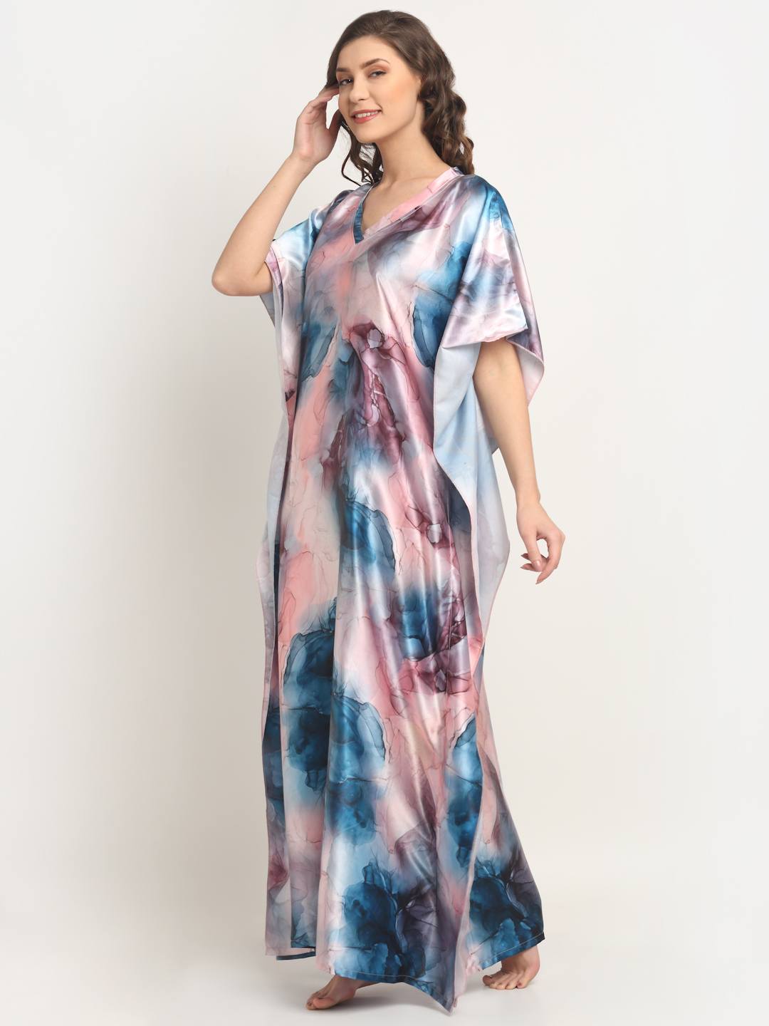Multi Color Tie And Dye Printed Sati Nightdress Kaftan For Women Claura Designs Pvt. Ltd. Kaftan kaftan, Kaftan_allsizes, multi color, Nightdress, Printed, Sleepwear, V-Neck