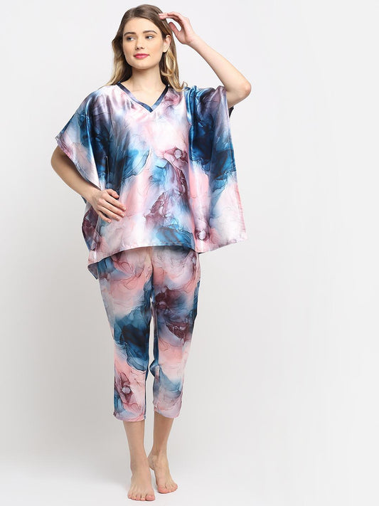 Multi Color Abstract  Printed Satin Nightsuit For Women Claura Designs Pvt. Ltd. Nightsuit Abstract, Digital Print, multi color, Nightsuit, Satin, Sleepwear