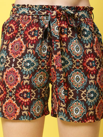 Brown Color Abstract Printed Viscose Rayon Shorts For Women Claura Designs Pvt. Ltd. Lounge Shorts brown, Cotton, Lounge Short, Loungeshort_size, Rayon, Shorts, Women