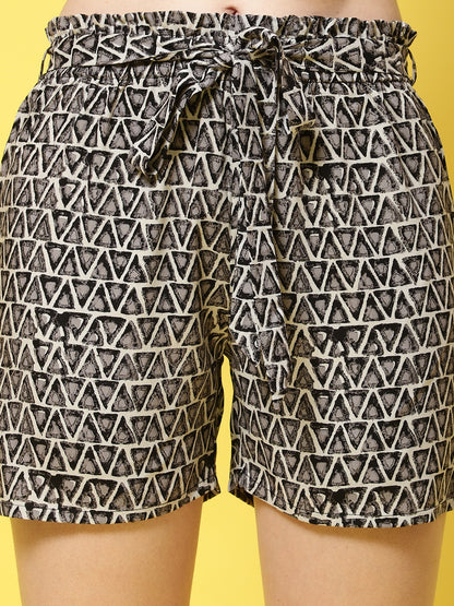 Black Striped Printed Viscose Rayon Shorts For Women Claura Designs Pvt. Ltd.  Black, Lounge Short, Loungeshort_size, Rayon, Shorts, Striped Printed, Women