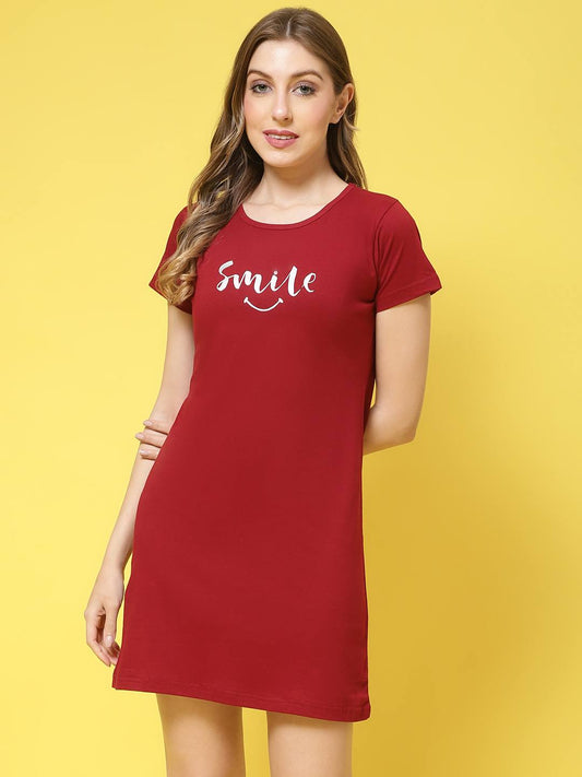 Maroon Color Solid Printed Cotton Shortnighty For Women Claura Designs Pvt. Ltd. Lounge Wear Cotton, Maroon Color, Short Sleeves