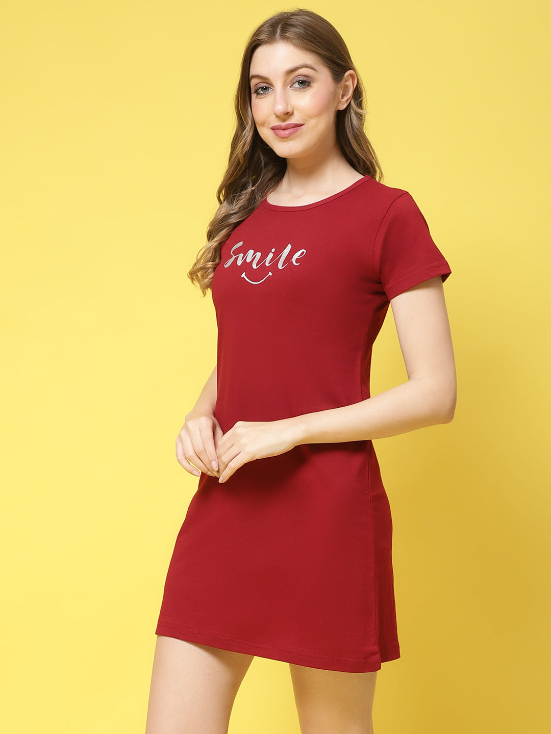 Maroon Color Solid Printed Cotton Shortnighty For Women Claura Designs Pvt. Ltd. Lounge Wear Cotton, Maroon Color, Short Sleeves