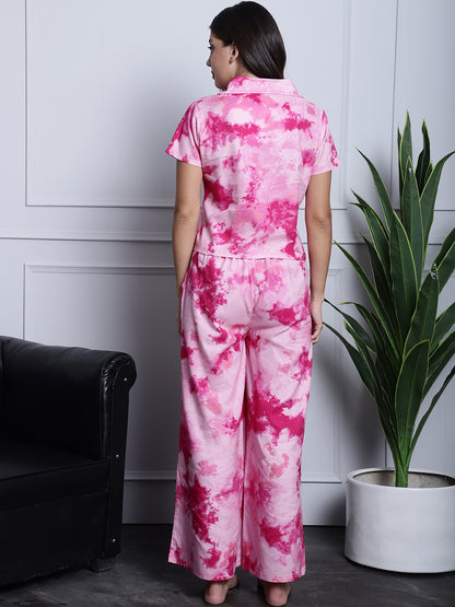 Pink Color Tie and Dye Printed Rayon Nightsuit For Women Claura Designs Pvt. Ltd. Nightsuit Nightsuit, Pink, Rayon, Sleepwear, tie and dye