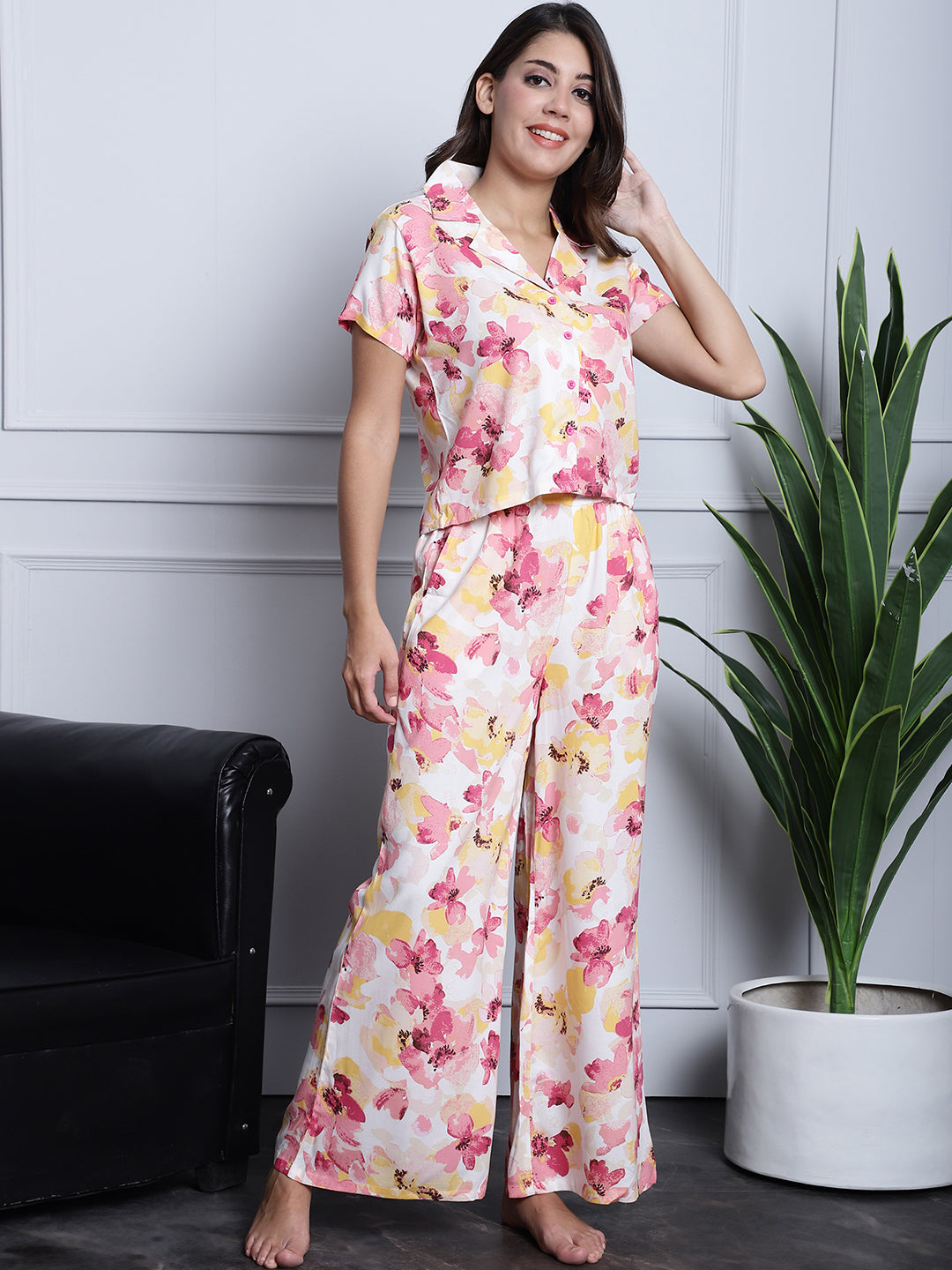 Pink Color Floral Printed Viscose Rayon Nightsuit For Women Claura Designs Pvt. Ltd. Nightsuit Floral, Nightsuit, Pink, Rayon, Sleepwear