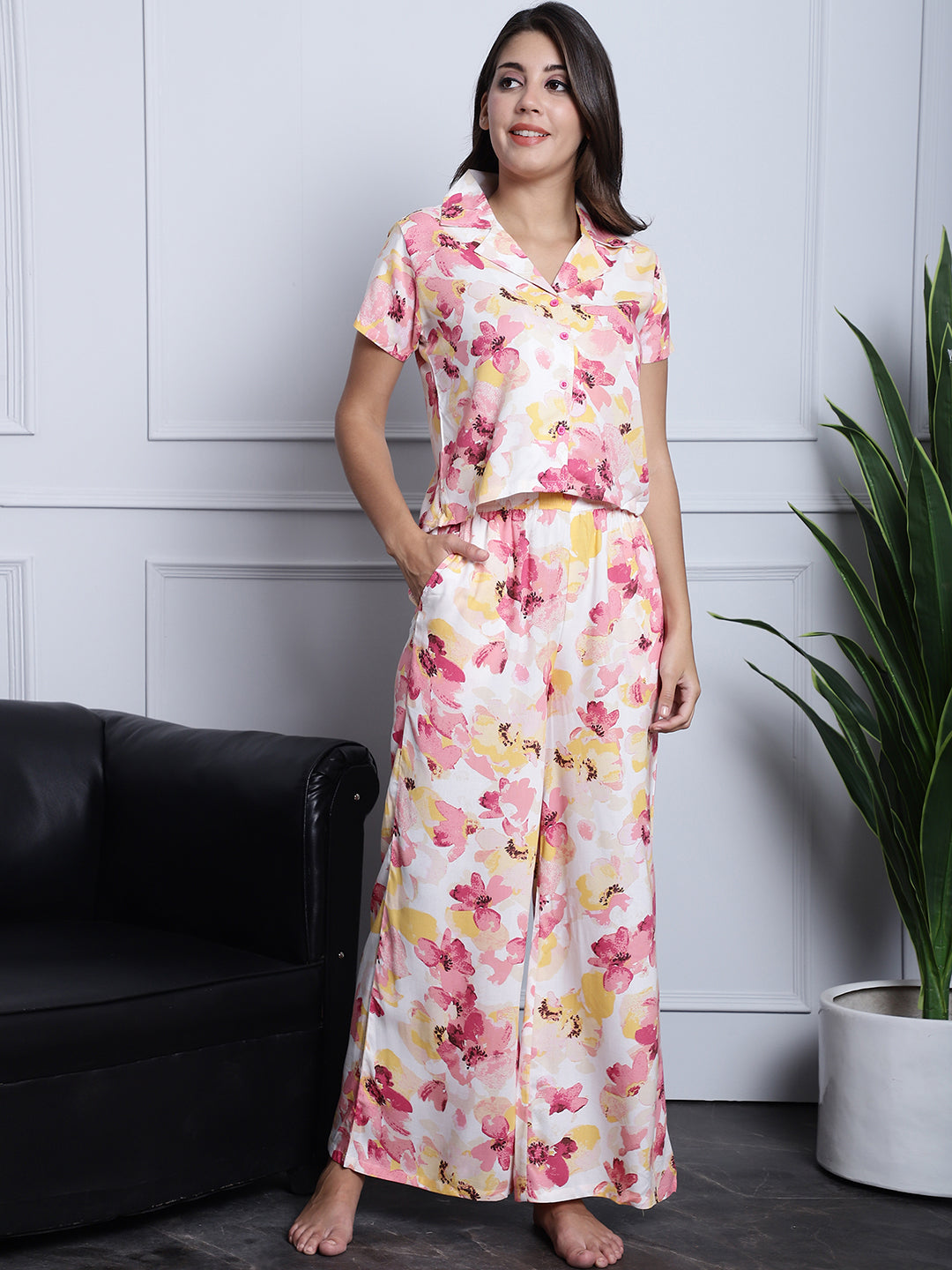 Pink Color Floral Printed Viscose Rayon Nightsuit For Women Claura Designs Pvt. Ltd. Nightsuit Floral, Nightsuit, Pink, Rayon, Sleepwear