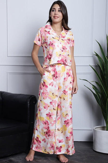 Pink Color Floral Printed Viscose Rayon Nightsuit For Women Claura Designs Pvt. Ltd. Nightsuit Floral, Nightsuit, Pink, Rayon, Sleepwear