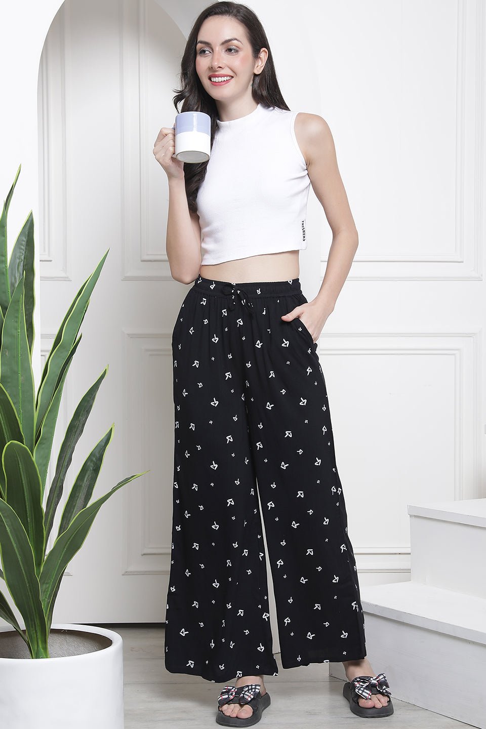 Black Abstract Printed Cotton Lounge Pants Claura Designs Pvt. Ltd. Lounge Pants Lounge Pant, Loungepant_size, Pajama, Plazzo, Rayon, Women