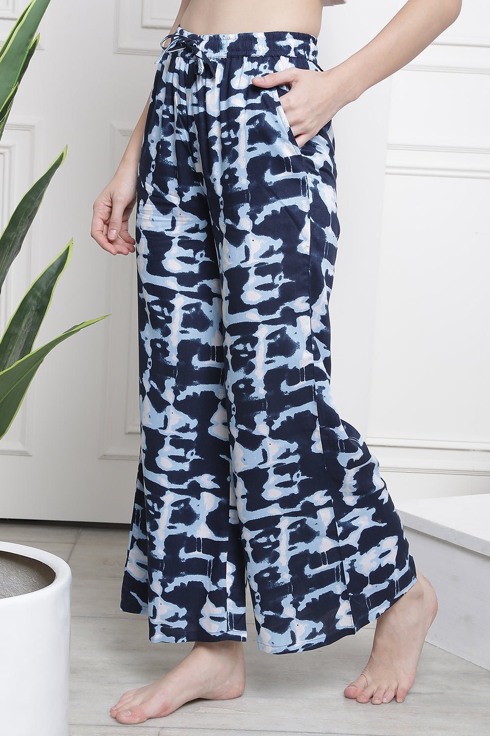 Navy Blue Flared  Printed Viscose Rayon Lounge Pants Claura Designs Pvt. Ltd. Lounge Pants Flarred, Lounge Pant, Loungepant_size, Lower, Navy Blue, Pajama, Plazzo, Rayon, Women