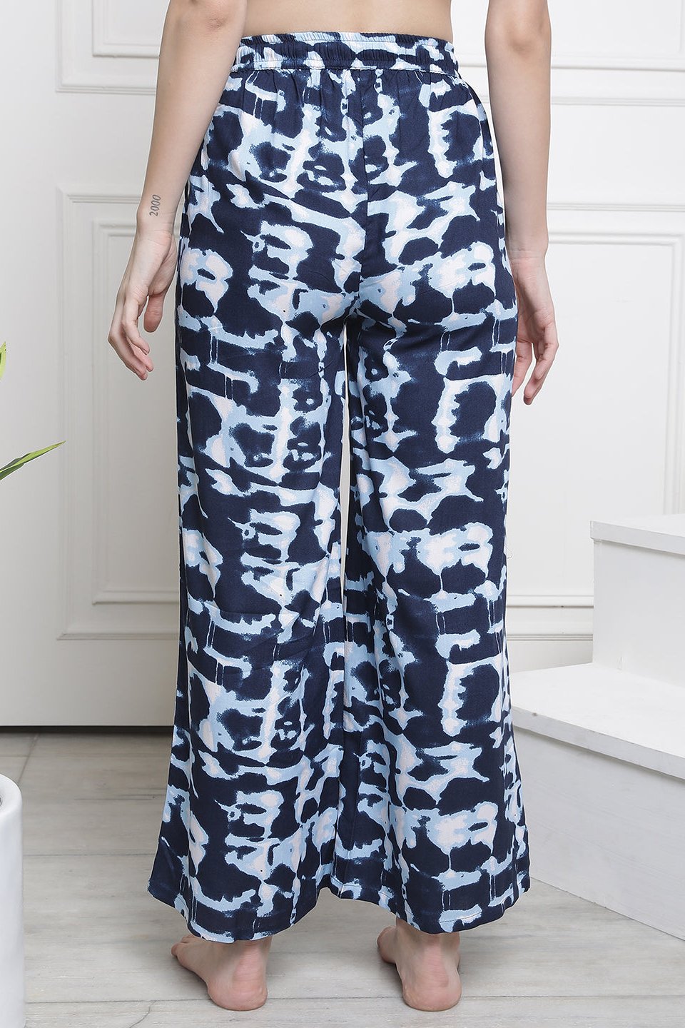 Navy Blue Flared  Printed Viscose Rayon Lounge Pants Claura Designs Pvt. Ltd. Lounge Pants Flarred, Lounge Pant, Loungepant_size, Lower, Navy Blue, Pajama, Plazzo, Rayon, Women