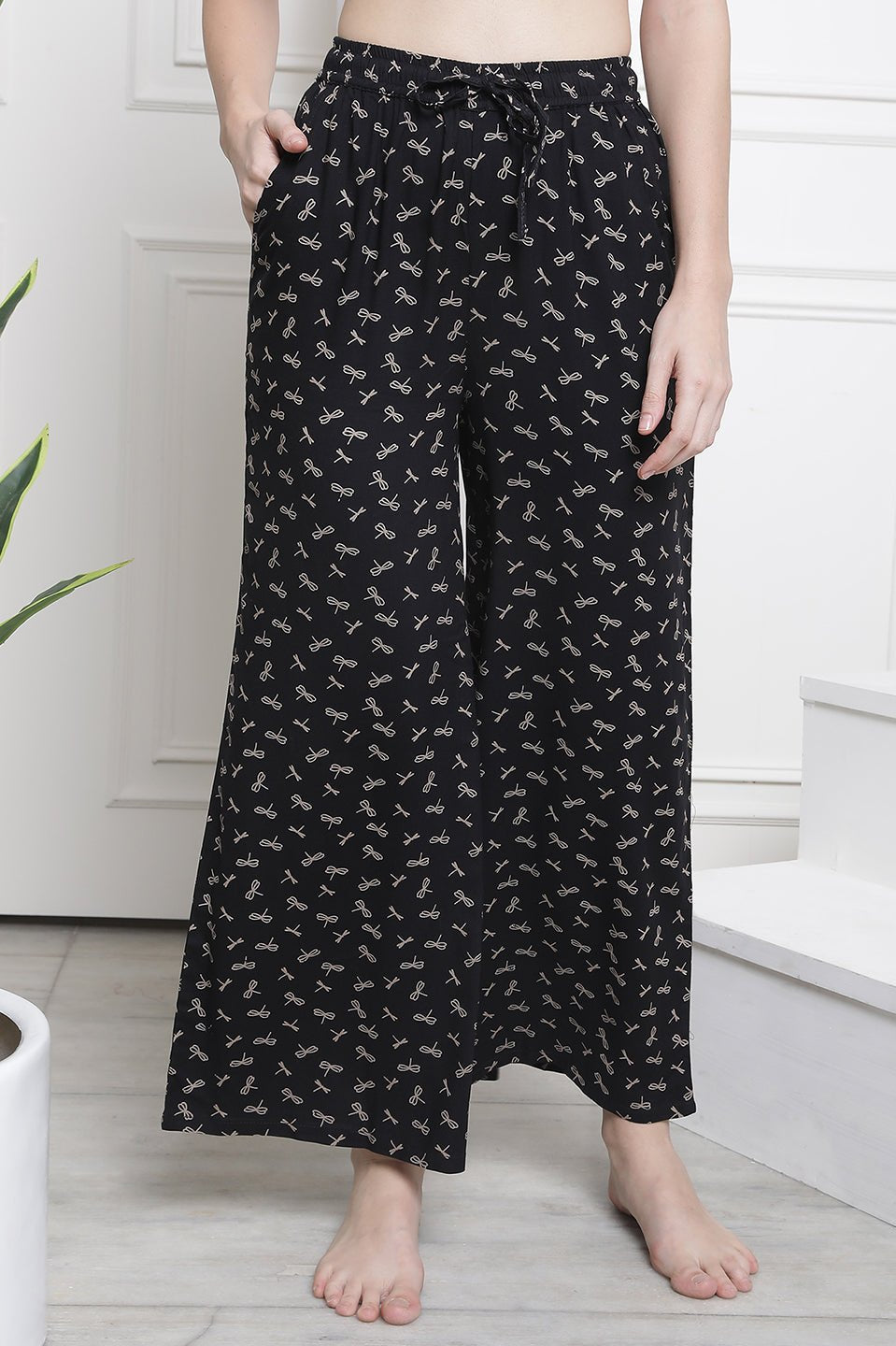 Black & White Abtsract Printed Flared Viscose Rayon Lounge Pants Claura Designs Pvt. Ltd. Lounge Pants Loungepant_size, Lower, Pajama, Plazzo, Rayon, White, Women