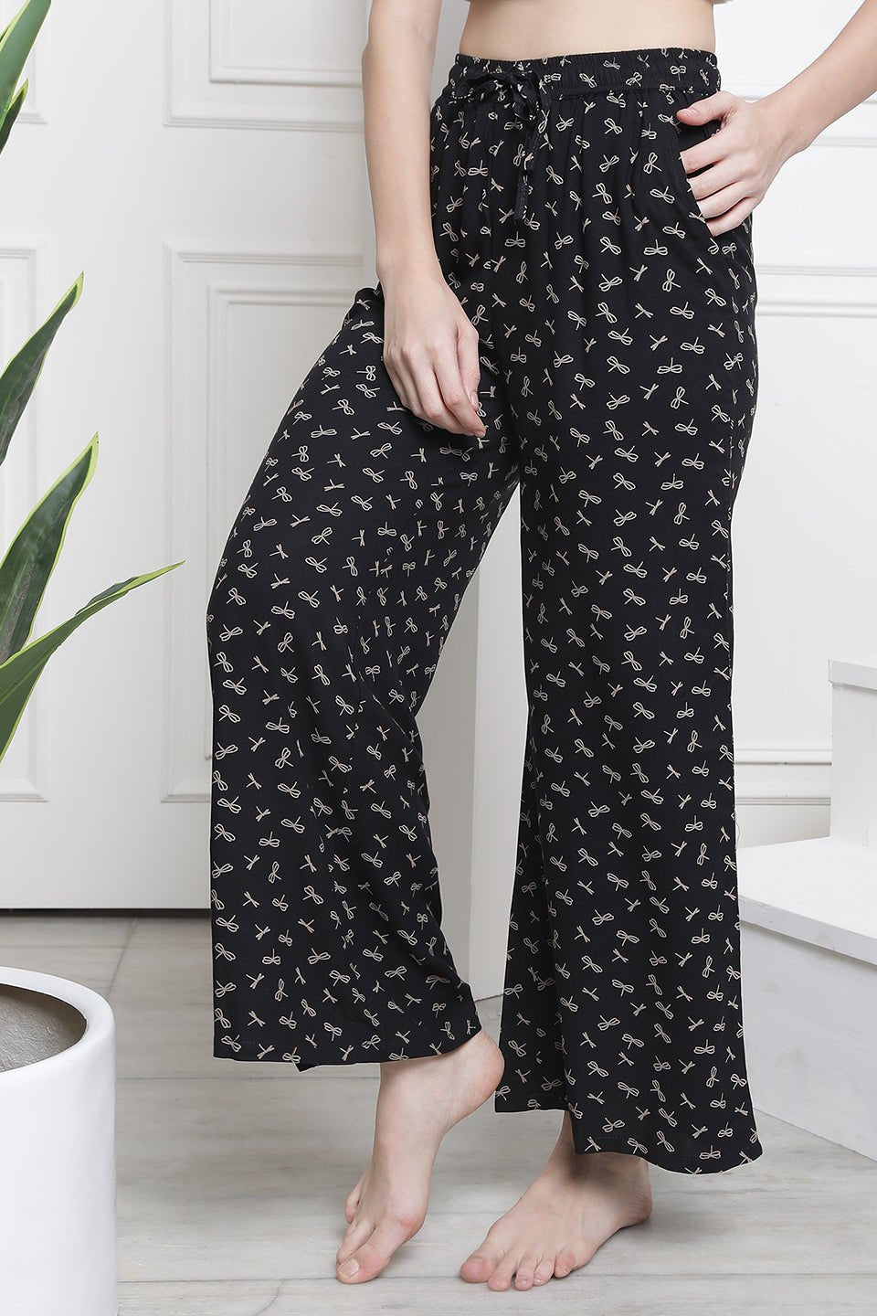 Black & White Abtsract Printed Flared Viscose Rayon Lounge Pants Claura Designs Pvt. Ltd. Lounge Pants Loungepant_size, Lower, Pajama, Plazzo, Rayon, White, Women