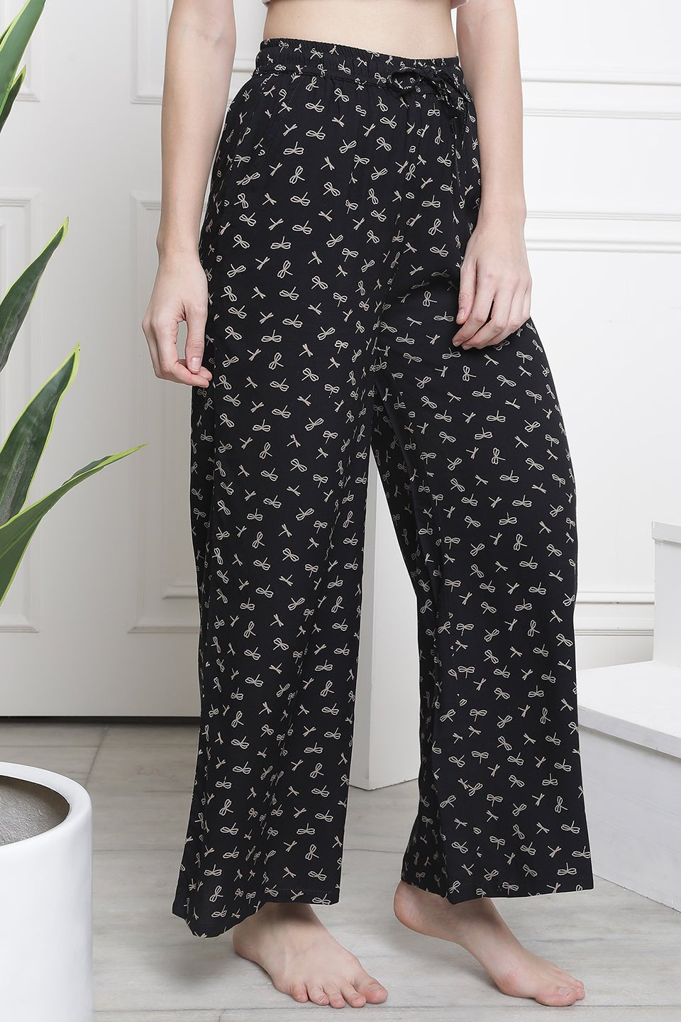 Black & White Abtsract Printed Flared Viscose Rayon Lounge Pants Claura Designs Pvt. Ltd. Lounge Pants Loungepant_size, Lower, Pajama, Plazzo, Rayon, White, Women